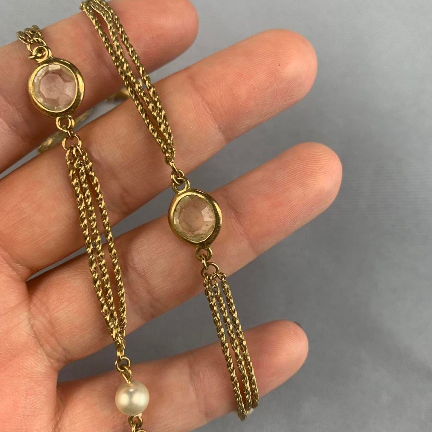 Faux Pearl and White Crystal Station Necklace (~21cm length)