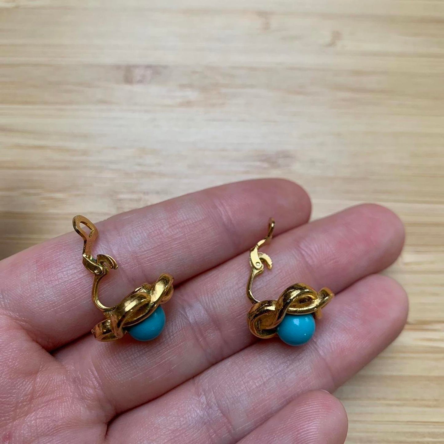 Vintage Clip On Earrings with Simulated Turquoise and Swirl Design