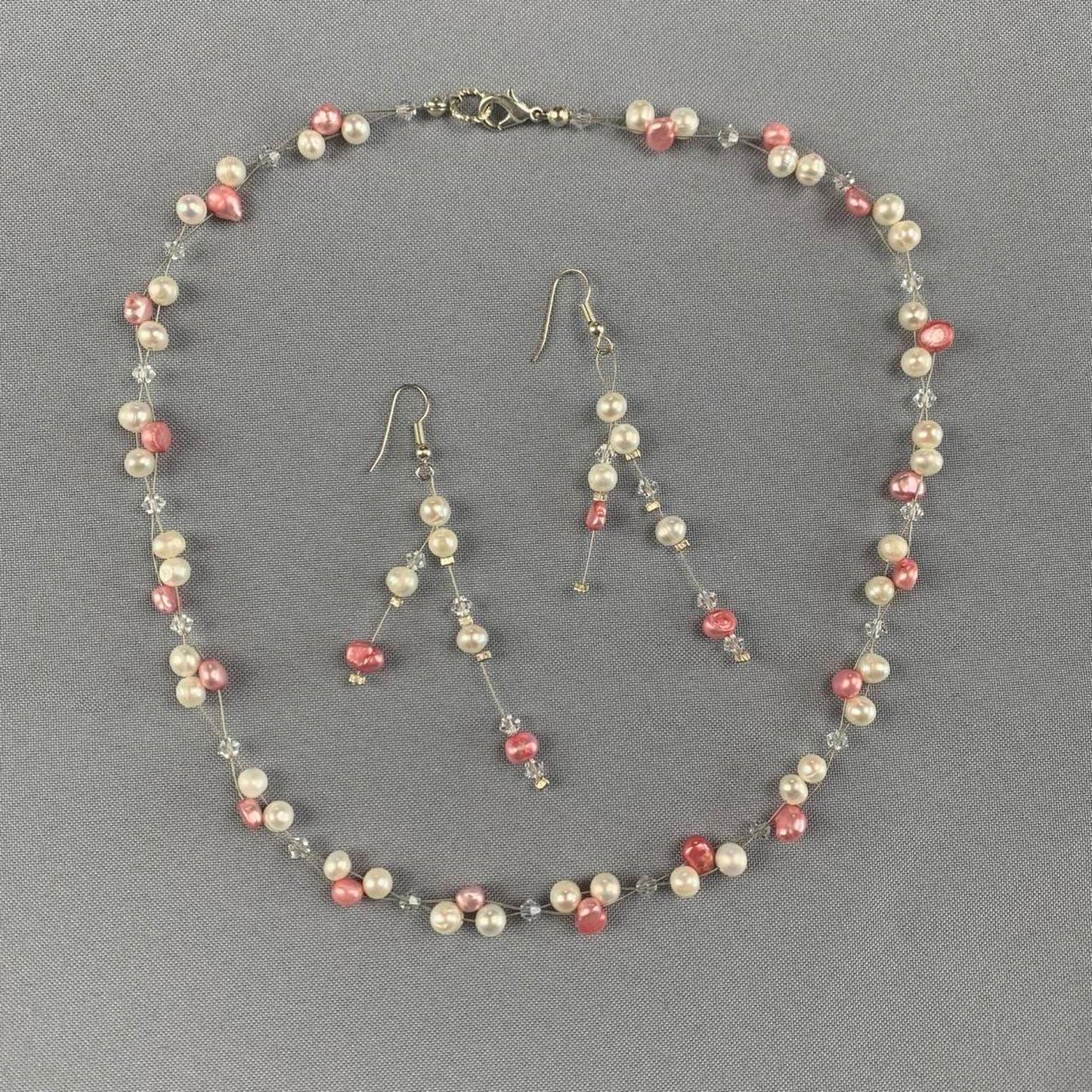 Vintage White and Pink Faux Pearl and Crystal Necklace and Earring Set
