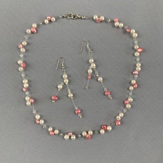 Vintage White and Pink Faux Pearl and Crystal Necklace and Earring Set