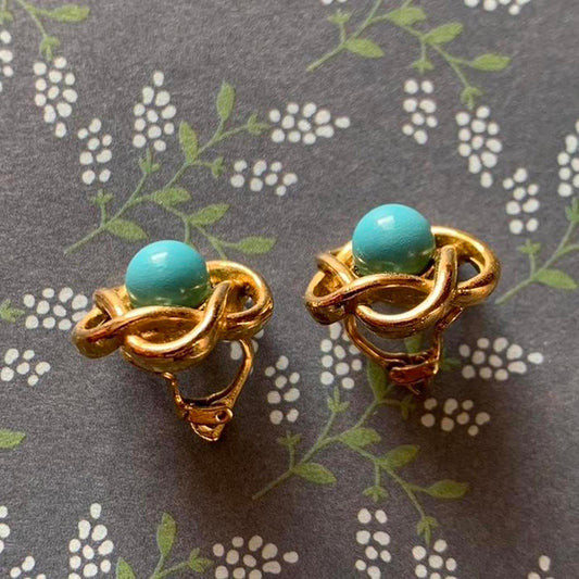 Vintage Clip On Earrings with Simulated Turquoise and Swirl Design