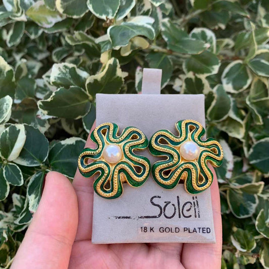 Soleil Vintage Clip on earrings featuring green enamel and faux pearls