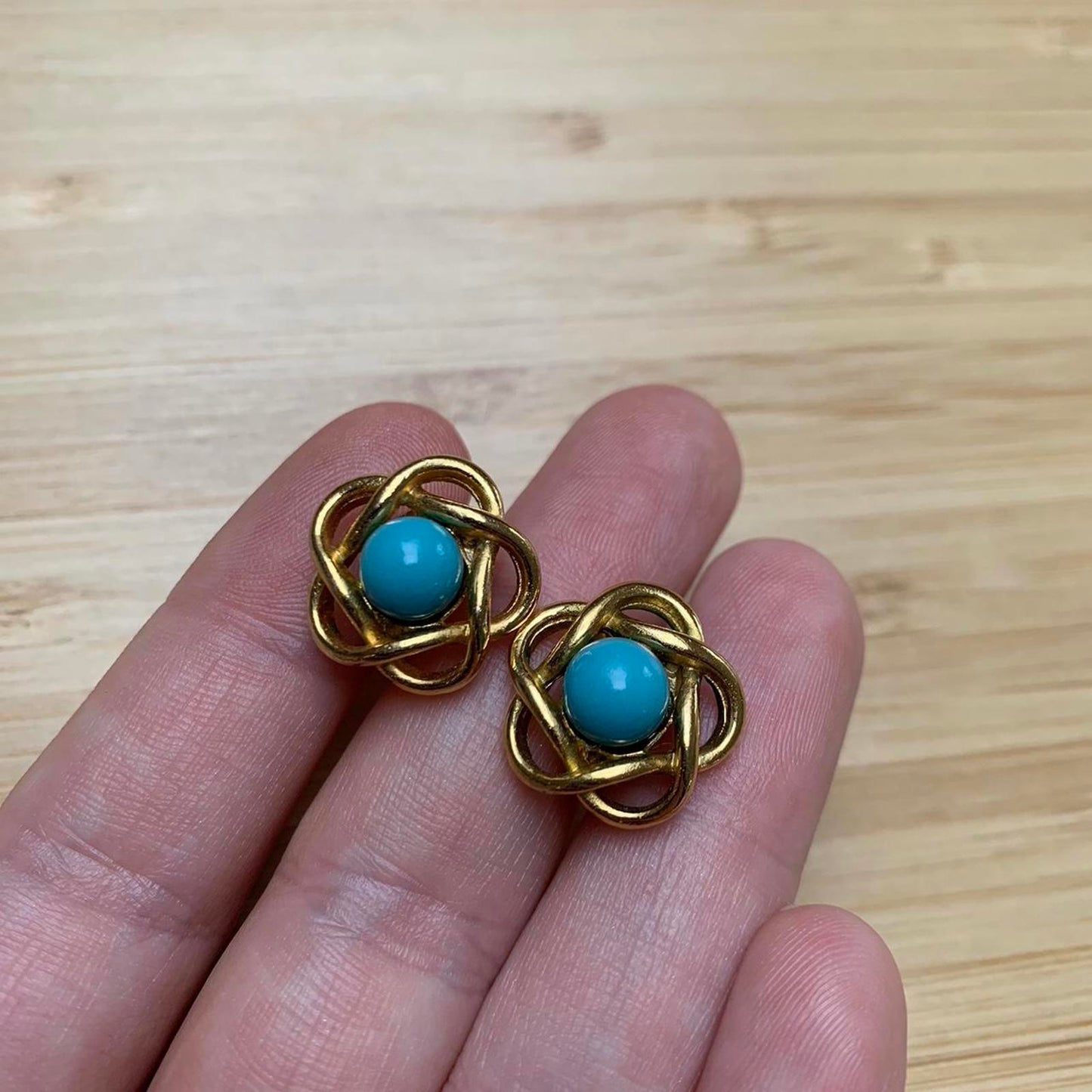 Vintage Clip On Earrings with Simulated Turquoise and Swirl Design
