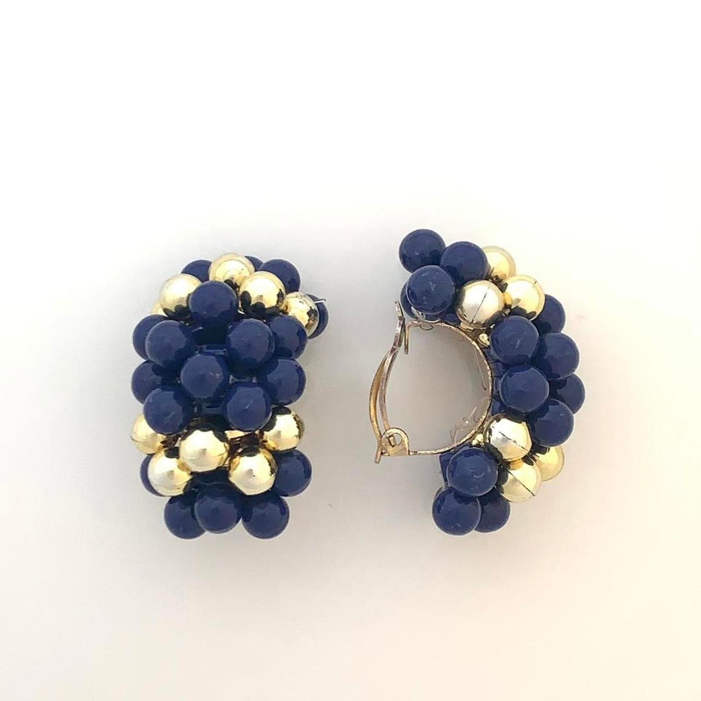 Vintage Clip on earrings featuring blue and gold coloured round beads