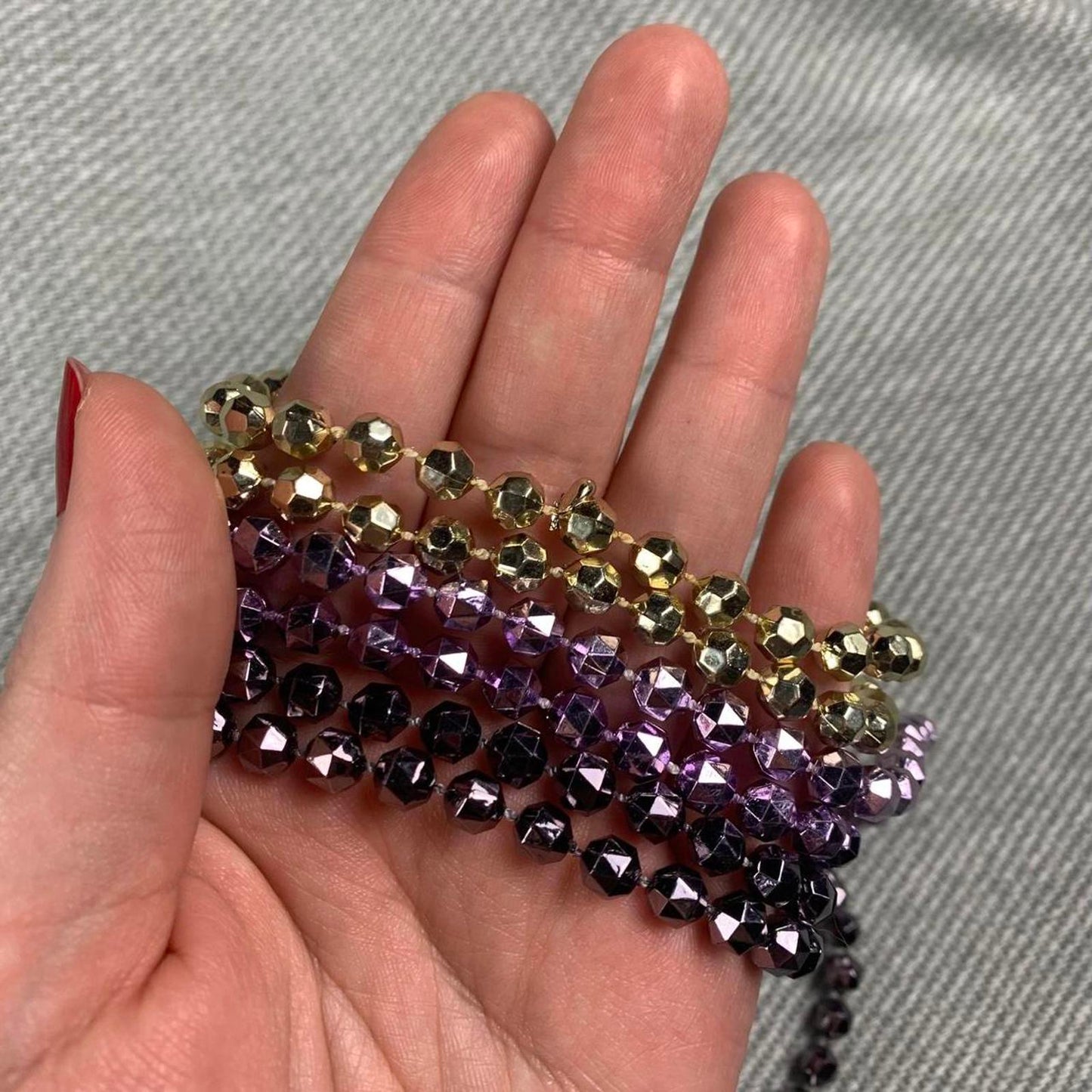 Vintage Set of 3 Long Beaded Necklaces in Purple, Lilac and Gold