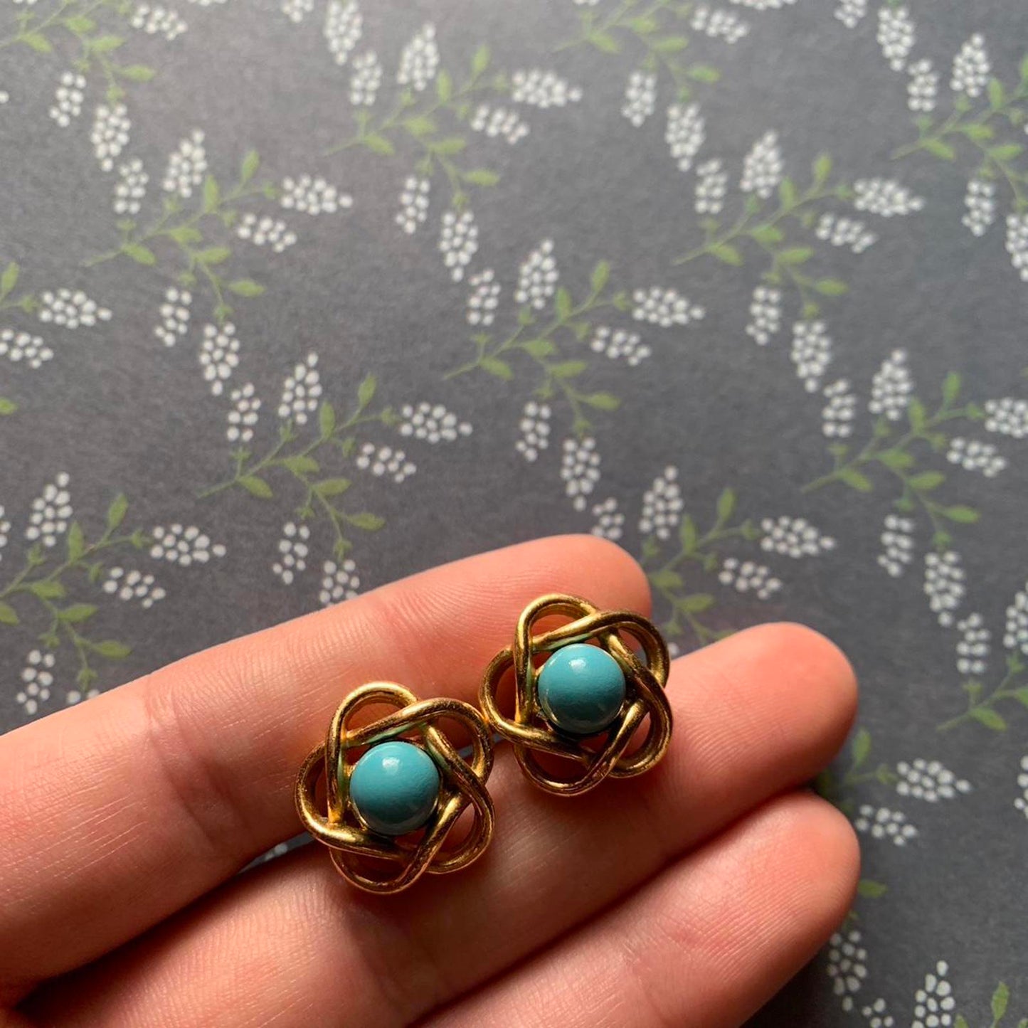 Vintage Clip On Earrings with Simulated Turquoise and Swirl Design