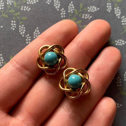 Vintage Clip On Earrings with Simulated Turquoise and Swirl Design